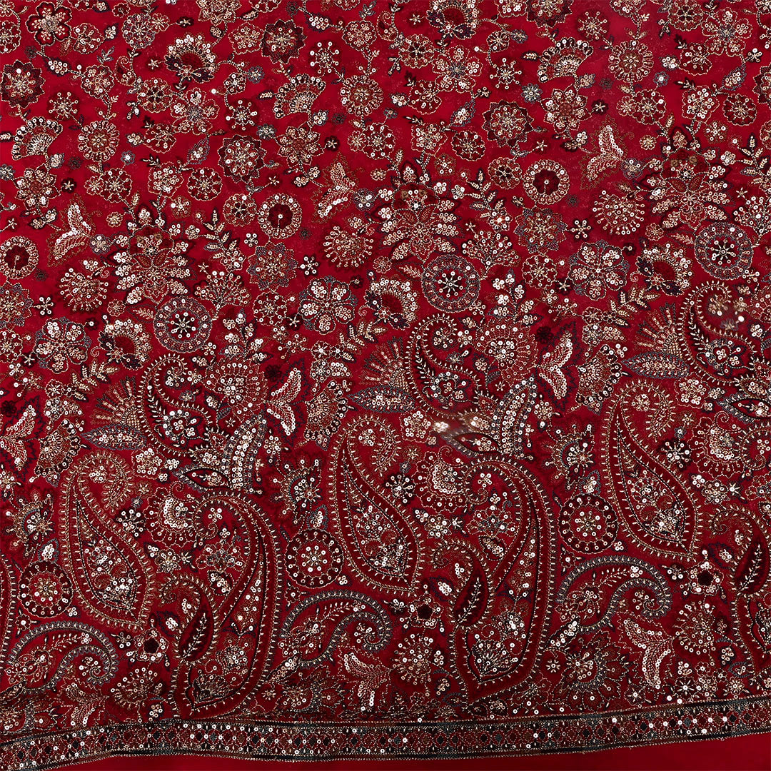 Japanese Maple Red Georgette Embroidered Fabric