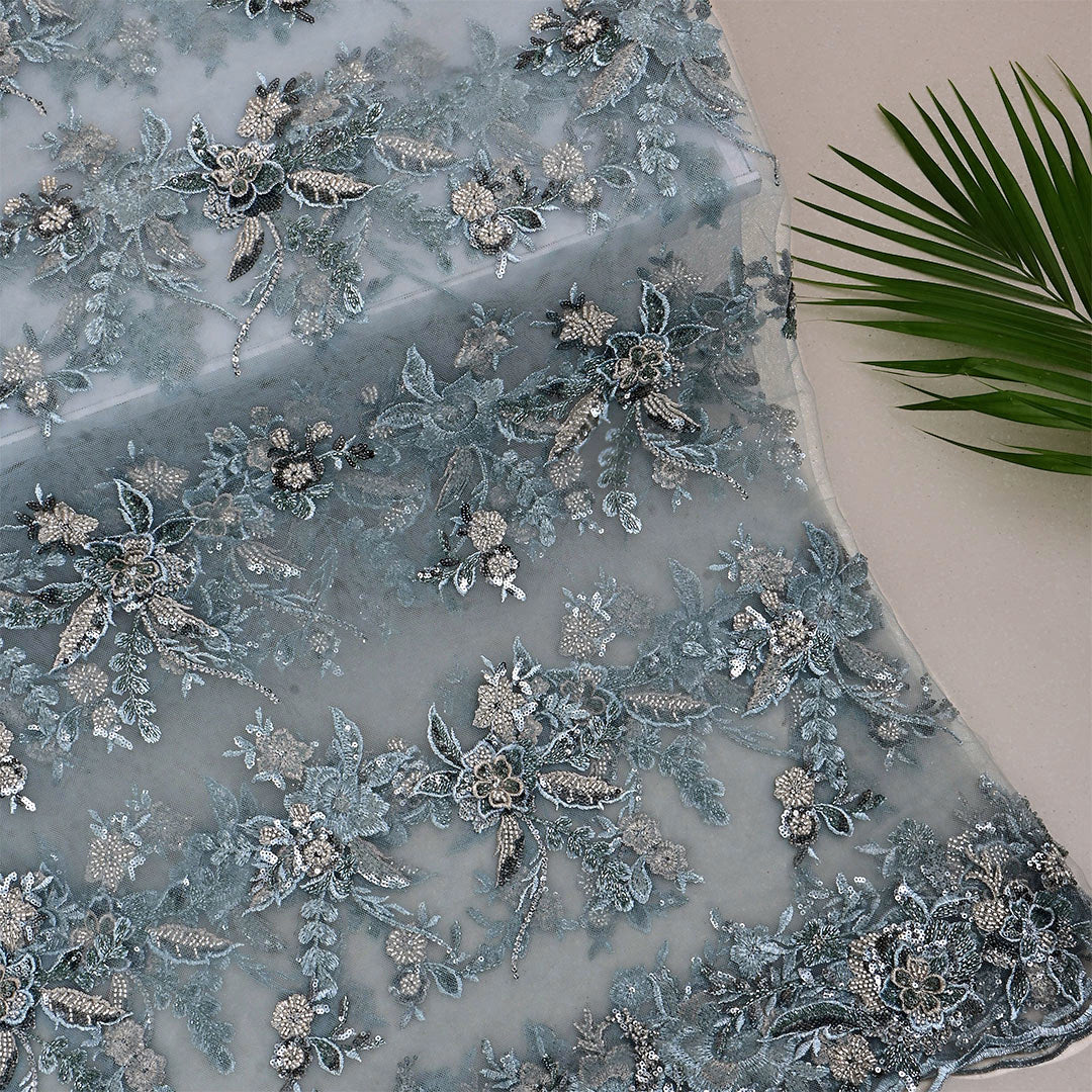 Bluish Gray Netted Embroidered Fabric
