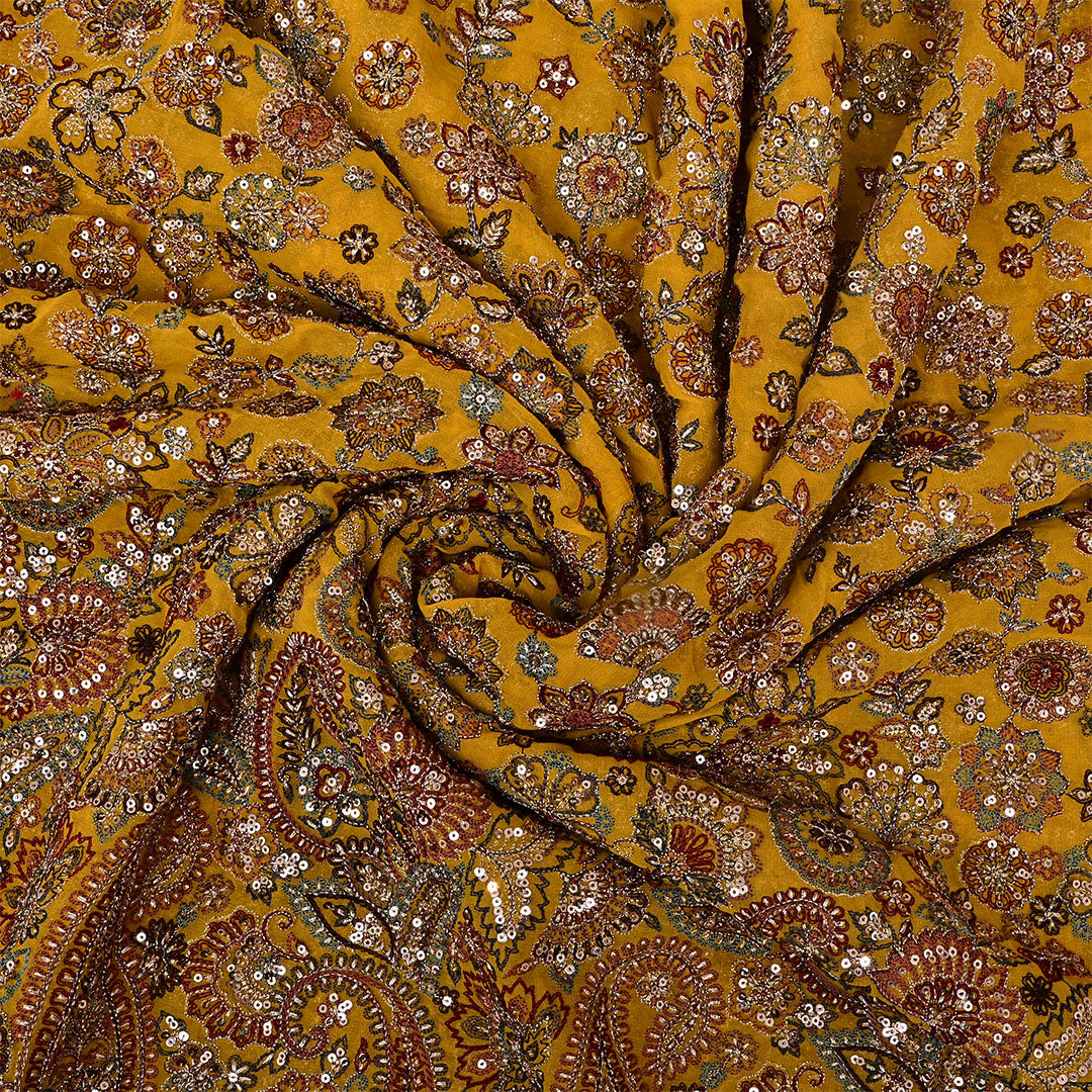 Mustard Yellow Georgette Embroidered Fabric