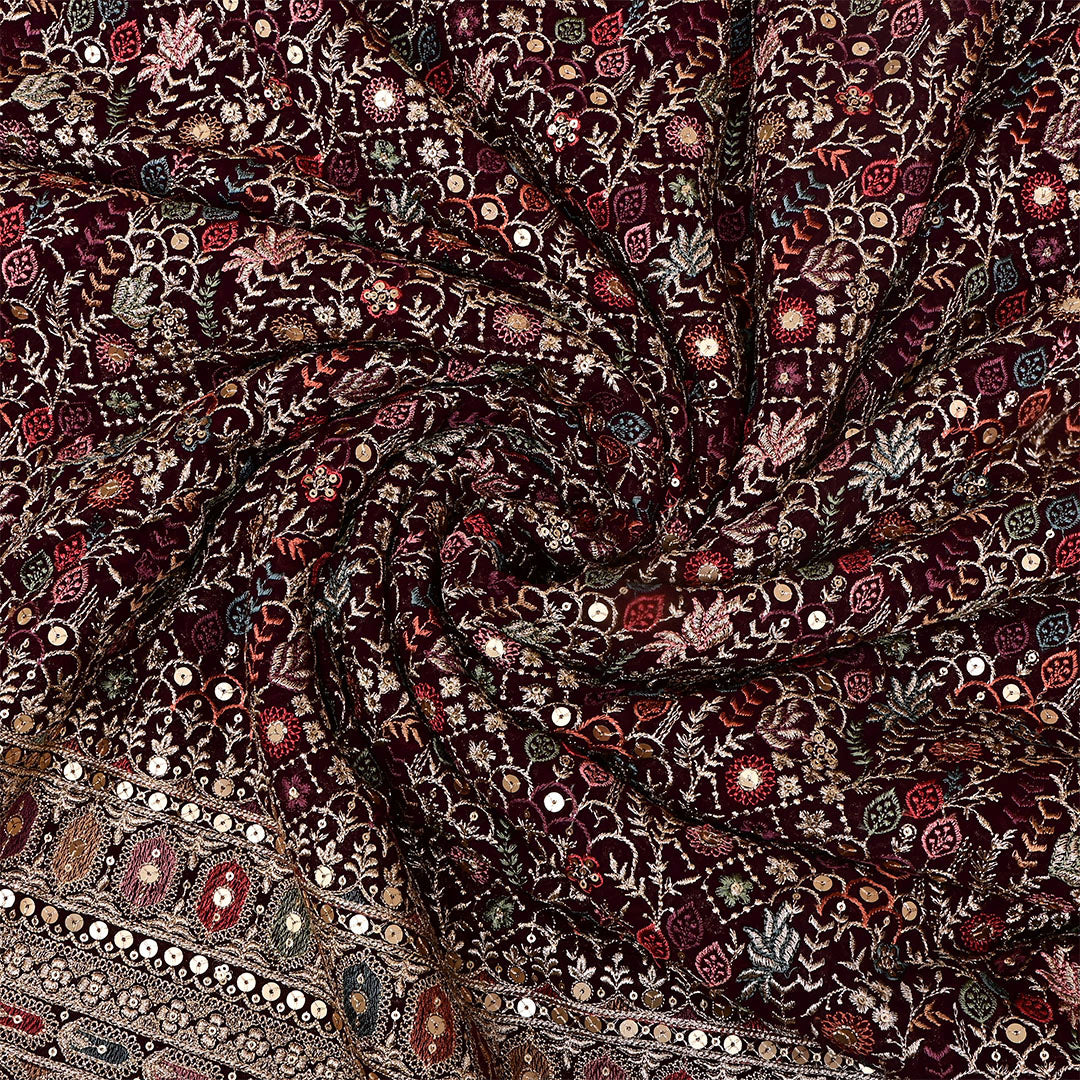 Sapia Black Brown Georgette Embroidered Fabric