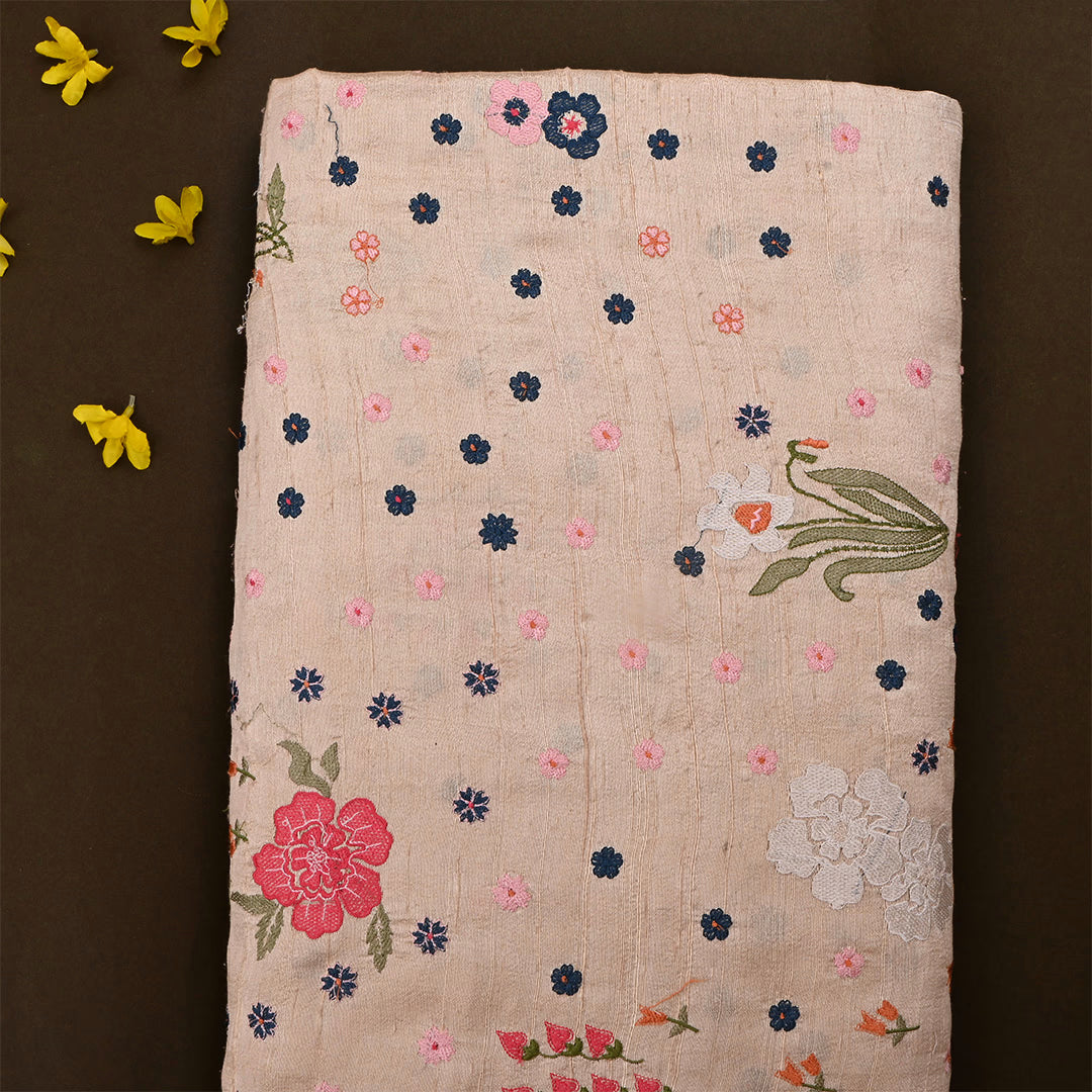 Almond Beige Dupion Raw Silk Embroidered Fabric
