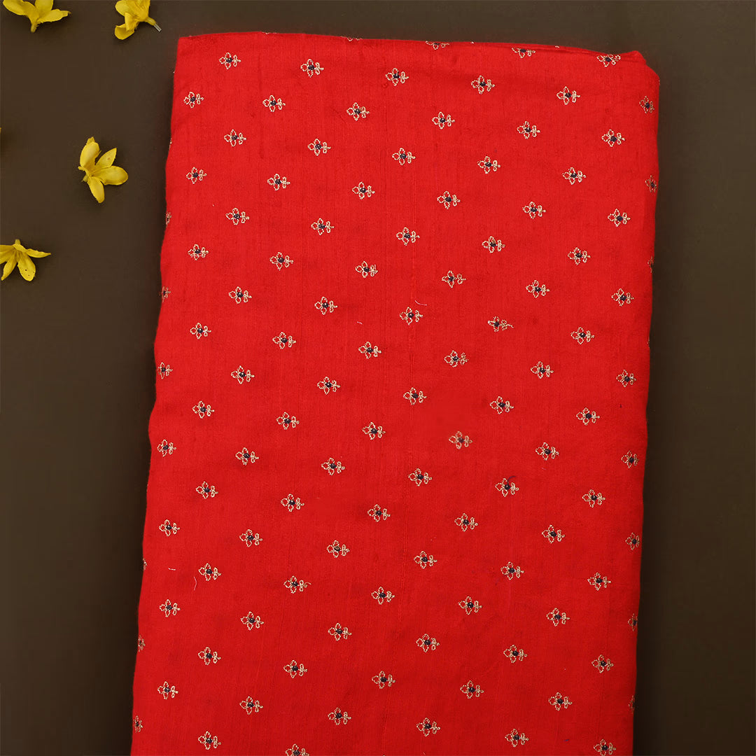 Venetian Red Dupion Raw Silk Zari Embroidered Fabric