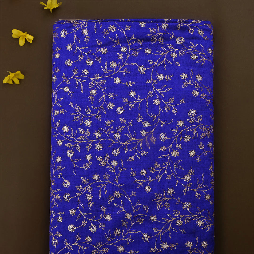 Dark Indigo Dupion Raw Silk Zari Embroidered Fabric