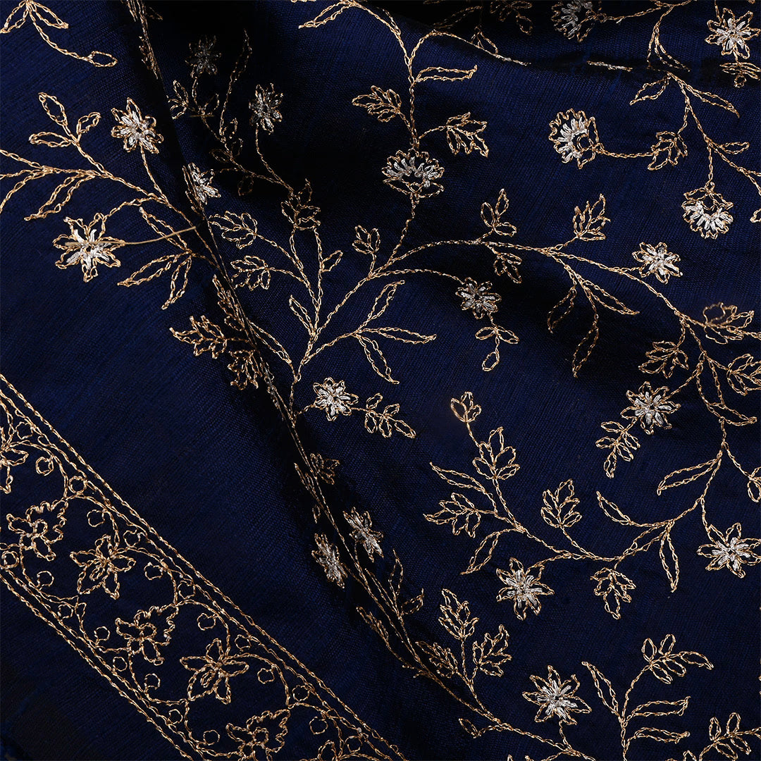 Dark Navy Blue Dupion Rawsilk Zari Embroidered Fabric