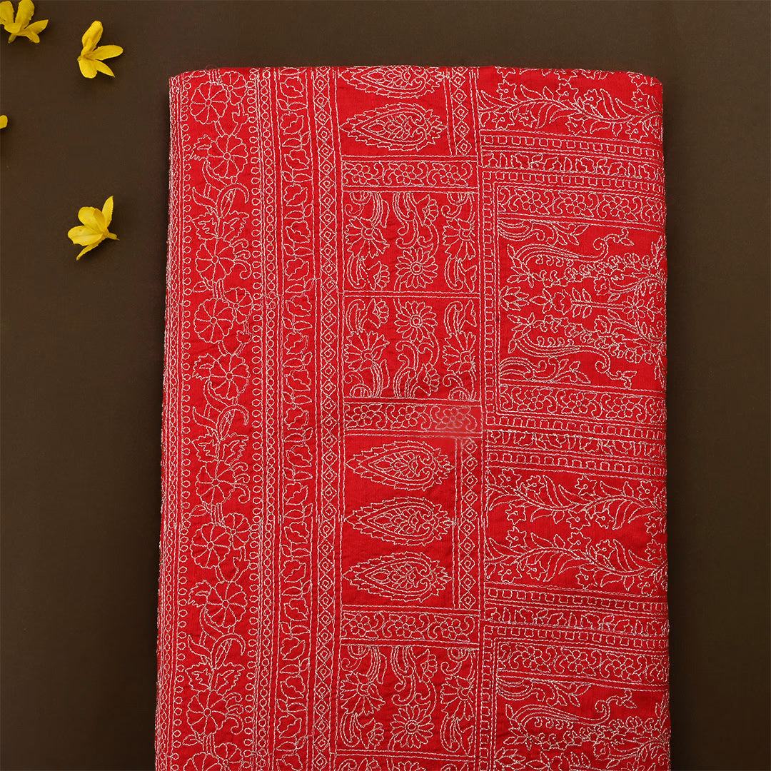 Red Dupion Raw Silk Thread Work Fabric