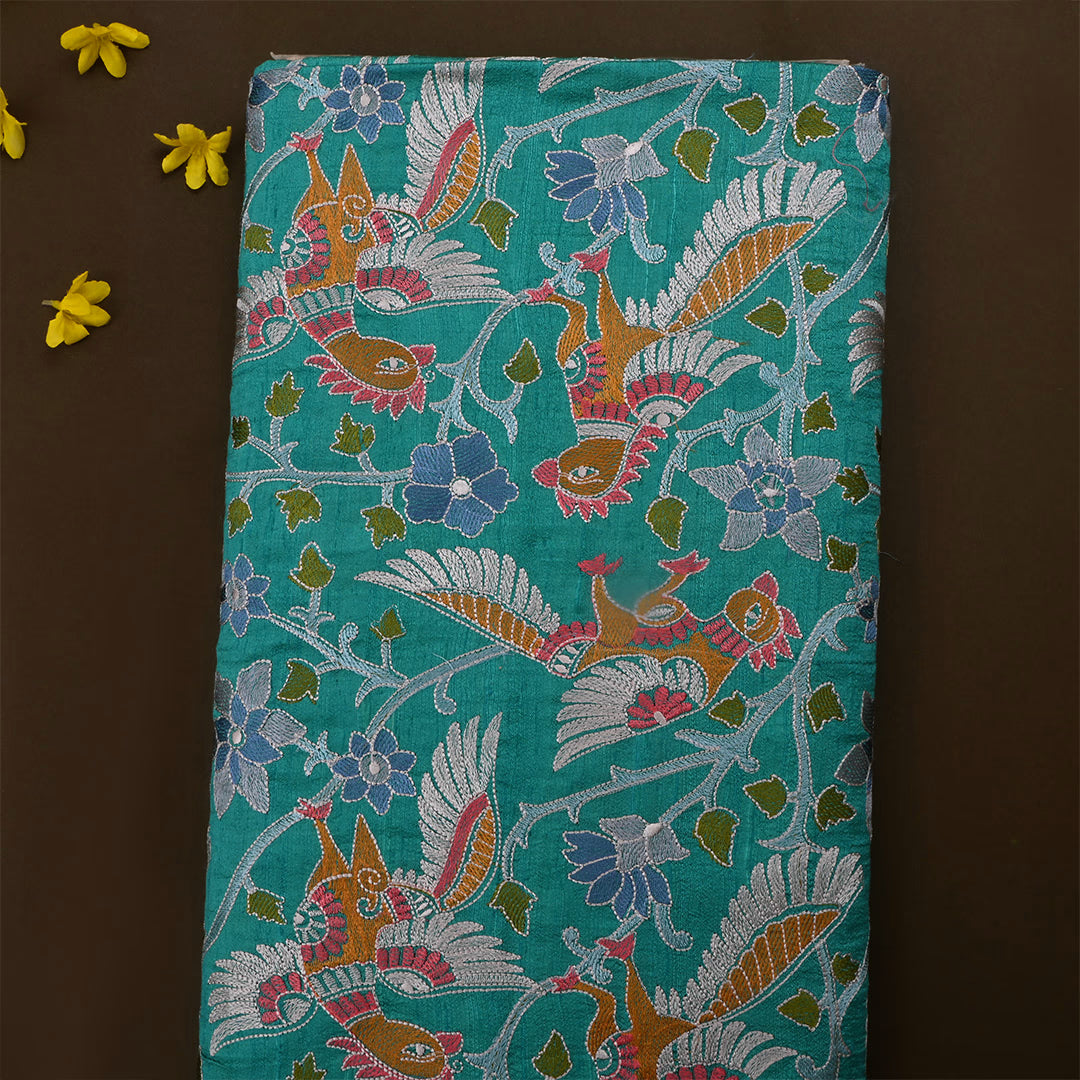 Dark Greenish Blue Dupion Raw Silk Embroidered Fabric