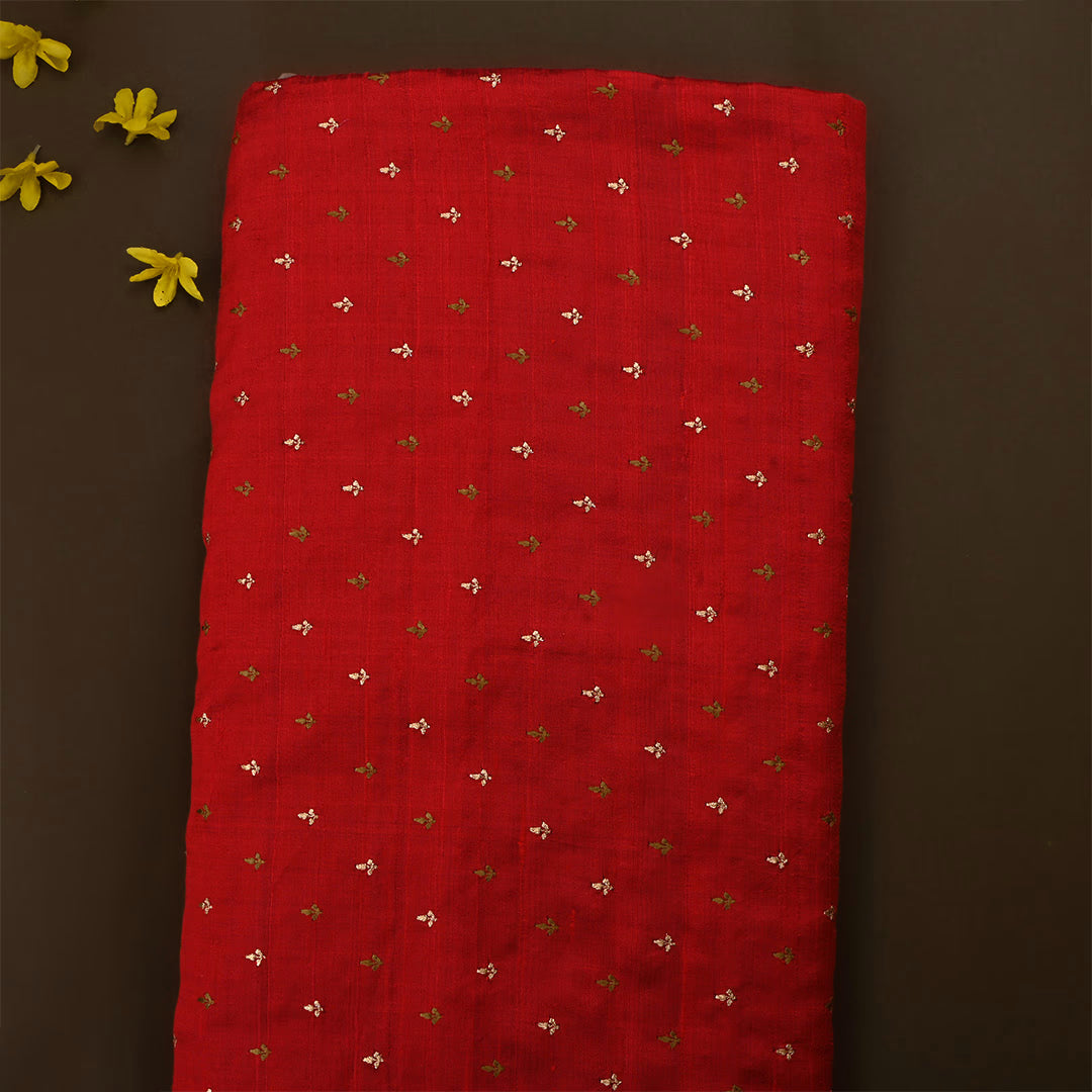 Red Berry Dupion Raw Silk Zari Embroidered Fabric