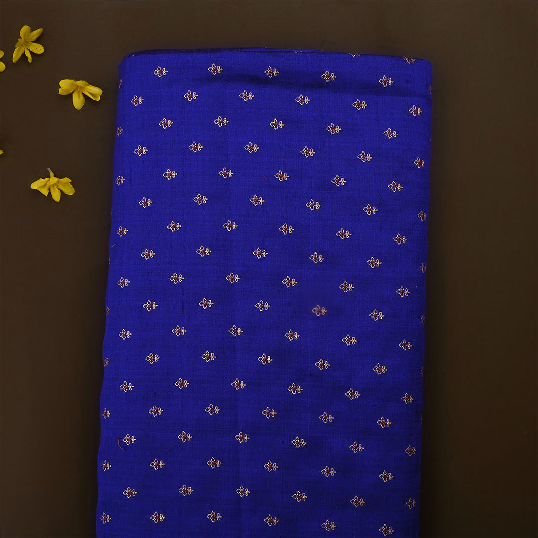 Dark Royal Blue Dupion Raw Silk Zari Embroidered Fabric