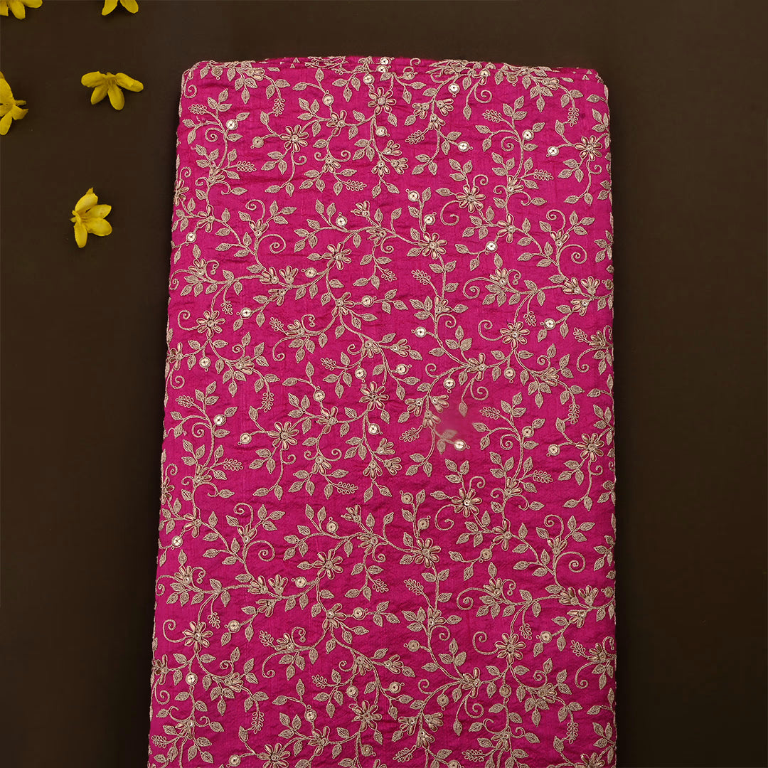 Jazzberry Jam Pink Dupion Raw Silk Zari Embroidered Fabric