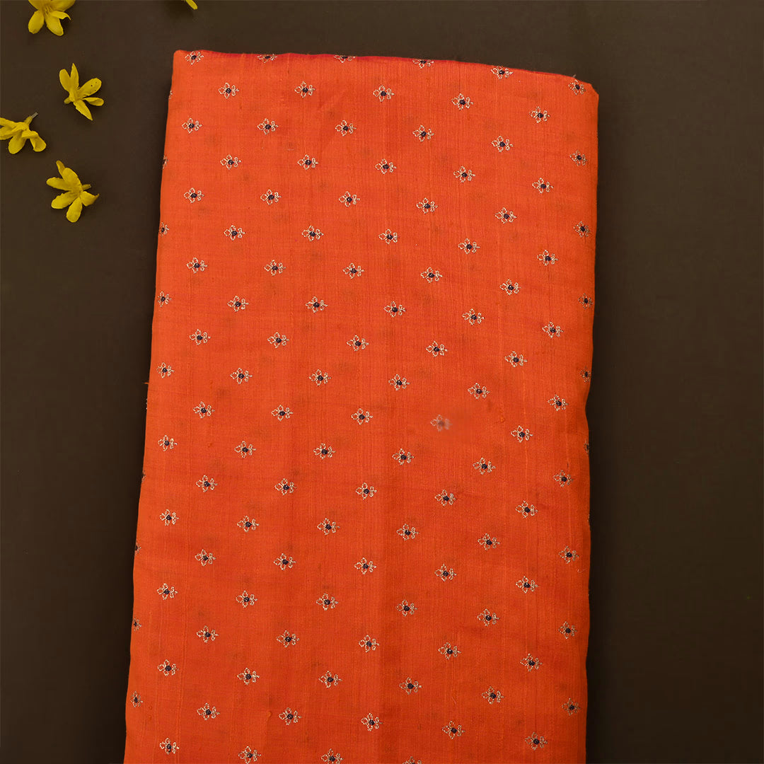 Orange Dupion Raw Silk Zari Embroidered Fabric