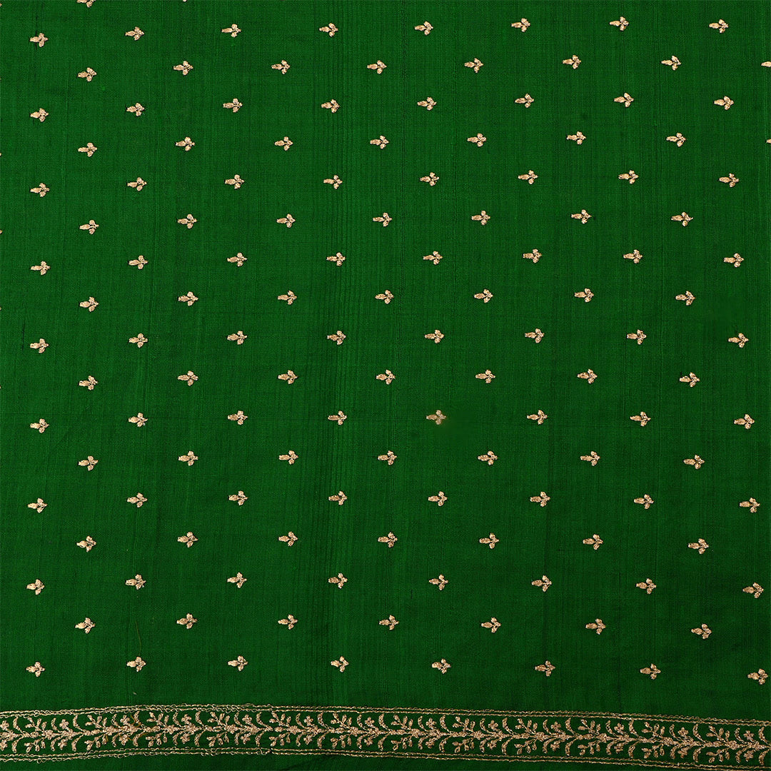 British Racing Green Dupion Raw Silk Zari Embroidered Fabric