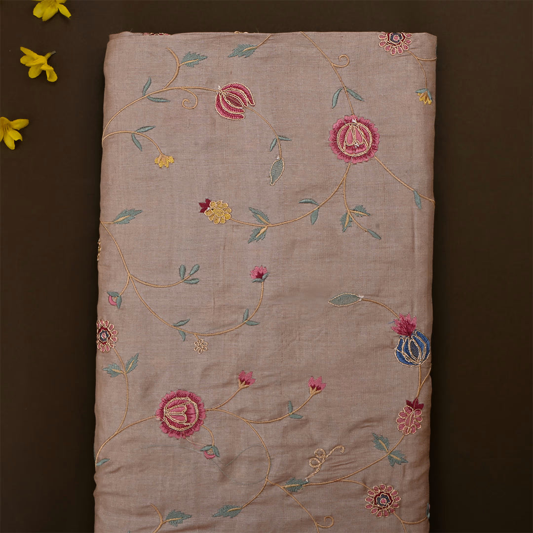 Mocha Brown Chanderi Embroidered Fabric