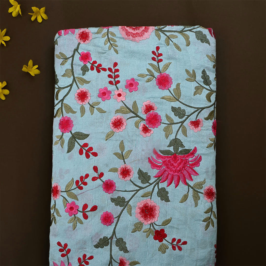 Gull Gray Cyan Dupion Raw Silk Embroidered Fabric