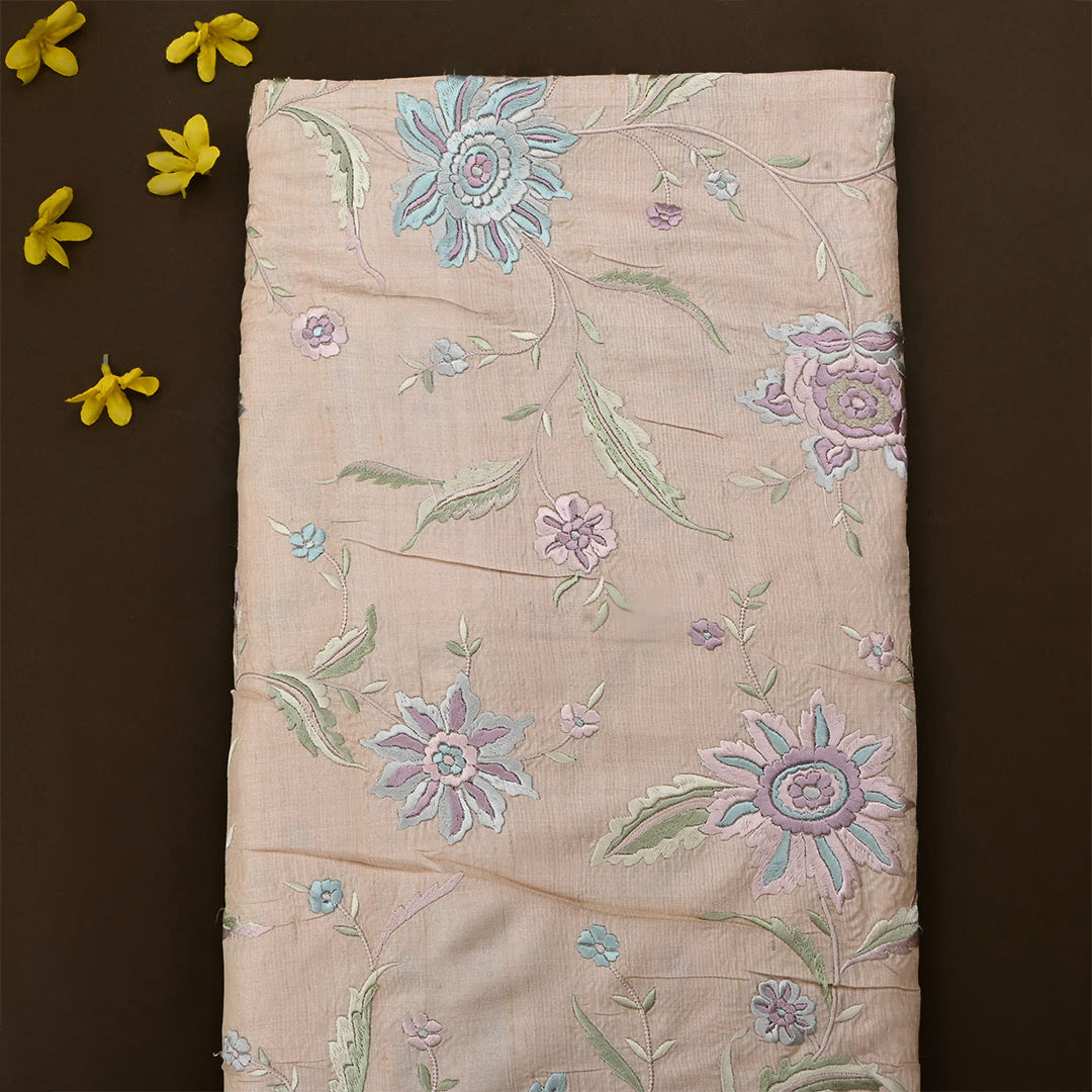 Almond Beige Tussar Embroidered Fabric With Floral Jaal