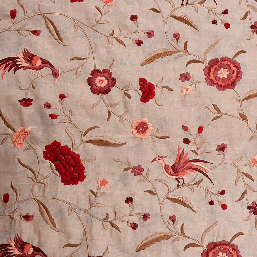 Bone Beige Tussar Embroidered Fabric