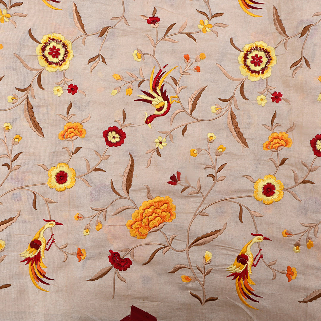 Vanilla Cream Tussar Floral Embroidered Fabric