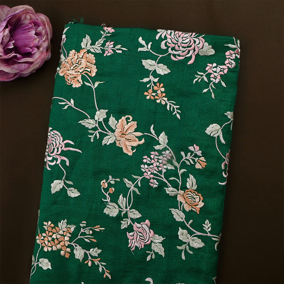 Evergreen Dupion Raw Silk Embroidered Fabric