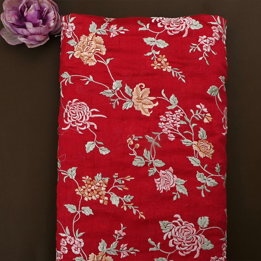 Red Wine Dupion Raw Silk Embroidered Fabric