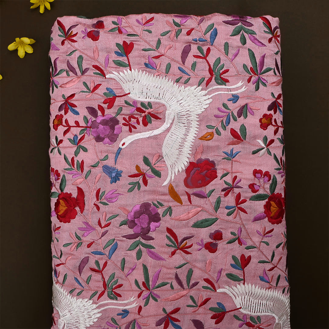 Copper Rose Pink Dupion Raw Silk Embroidered Fabric