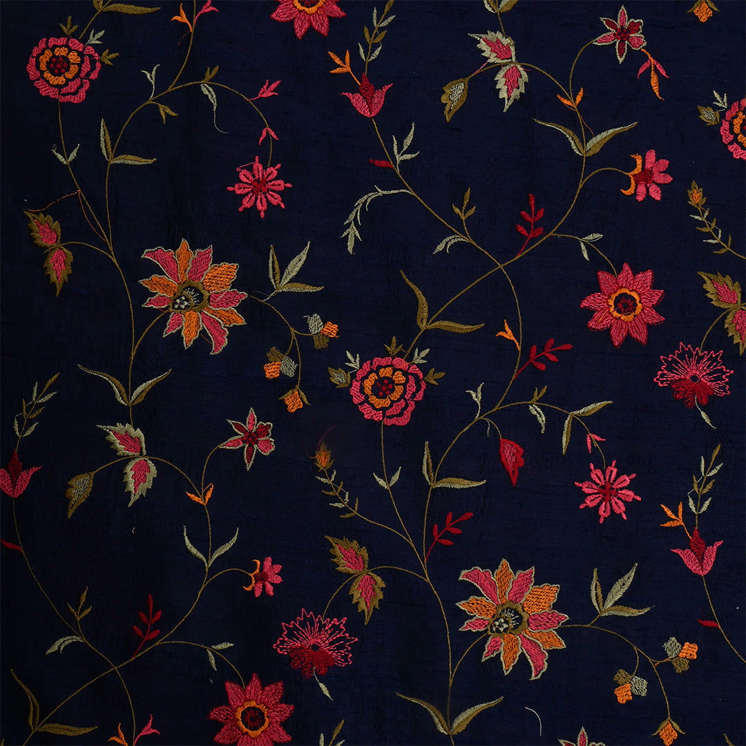 Dark Navy Blue Dupion Raw Silk Embroidered Fabric
