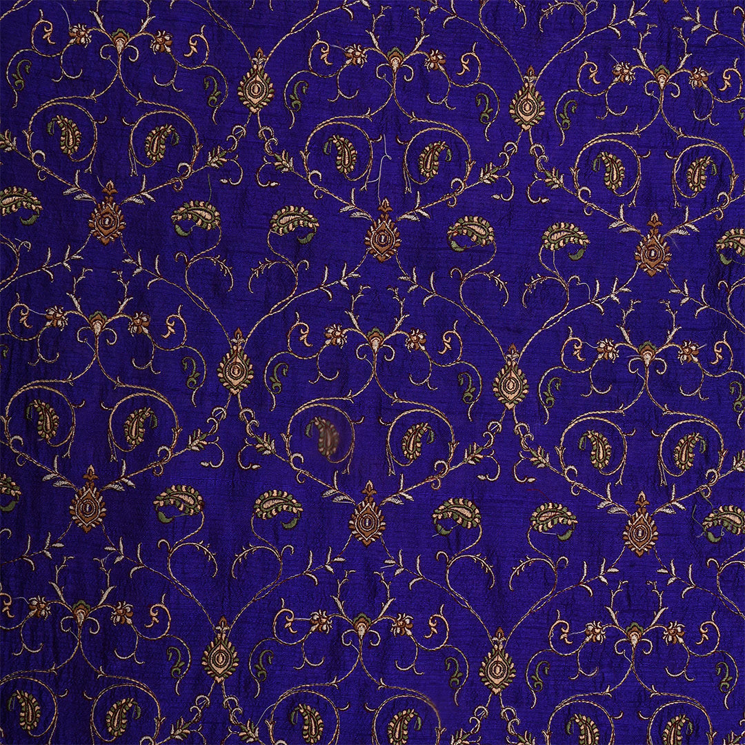 Dark Indigo Dupion Raw Silk Paisley Embroidered Fabric