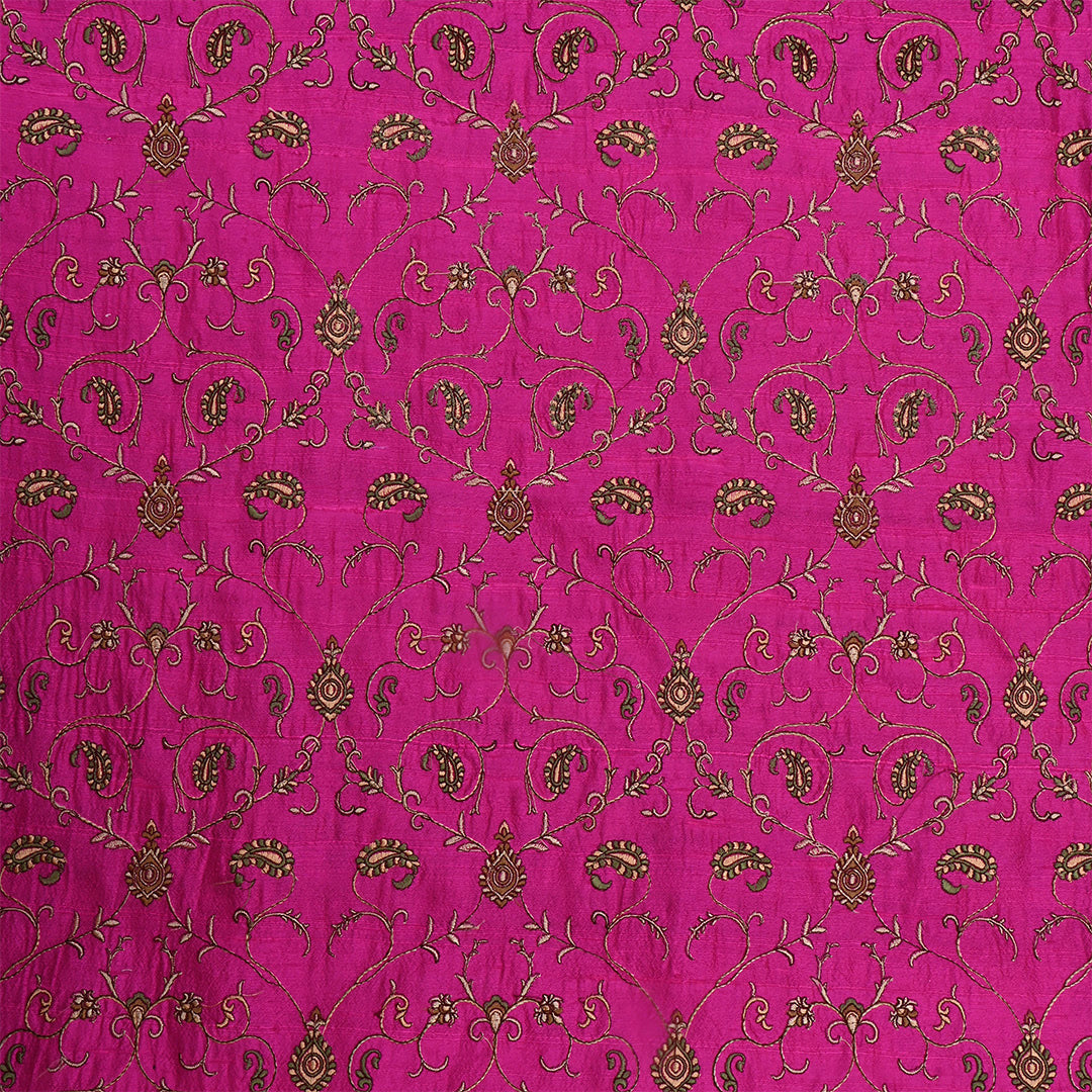 Burnt Pink Dupion Raw Silk Paisley Embroidered Fabric