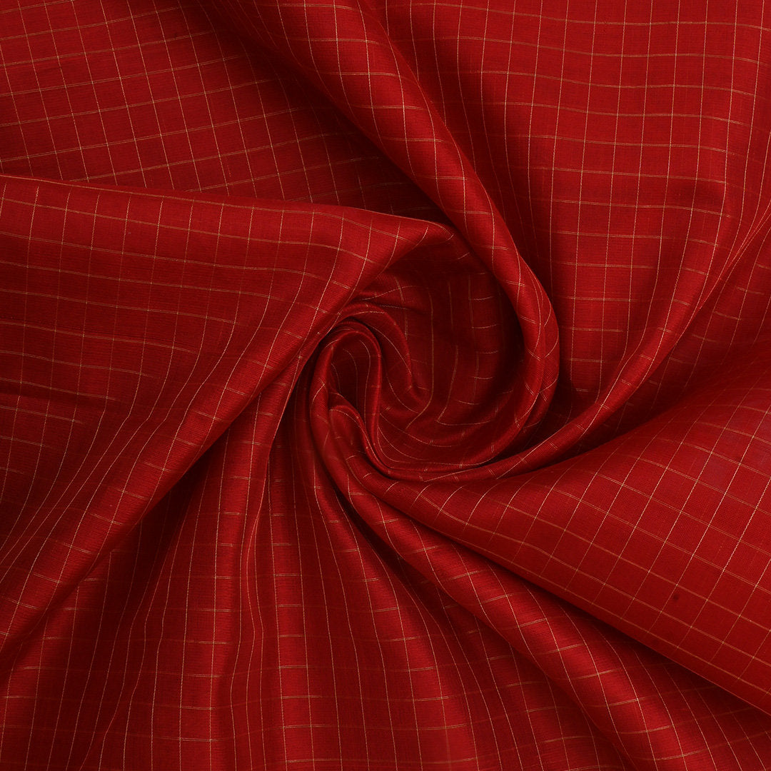 Red Jamawar Silk Fabric With Checks Pattern