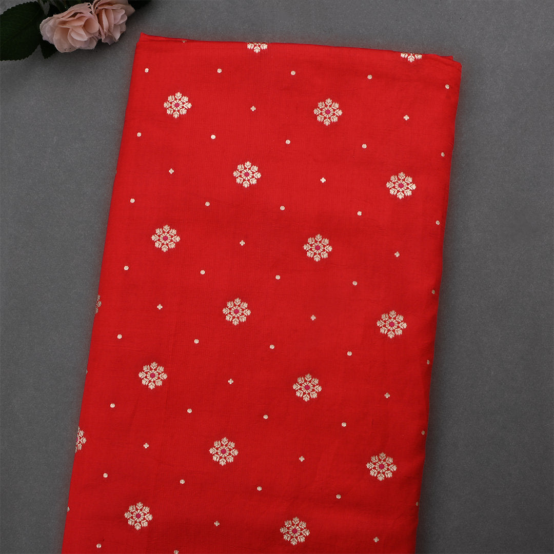 Cornell Red Jamawar Silk Fabric With Floral Butti'S