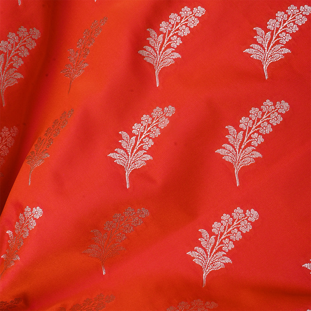 Deep Orange Jamawar Satin Fabric With Floral Butti'S