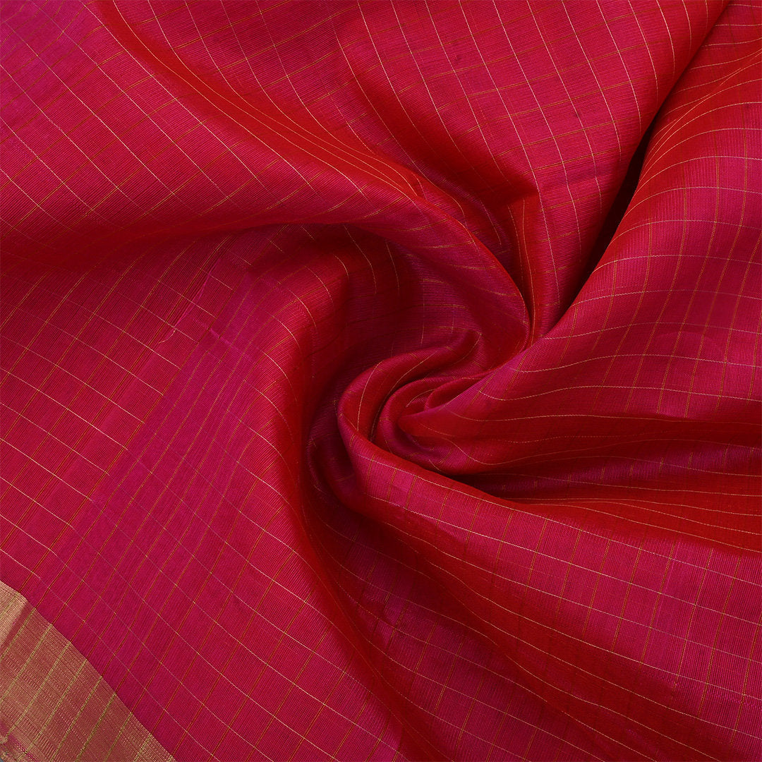 Shiraz Pinkish Red Jamawar Silk Fabric With Checks Pattern