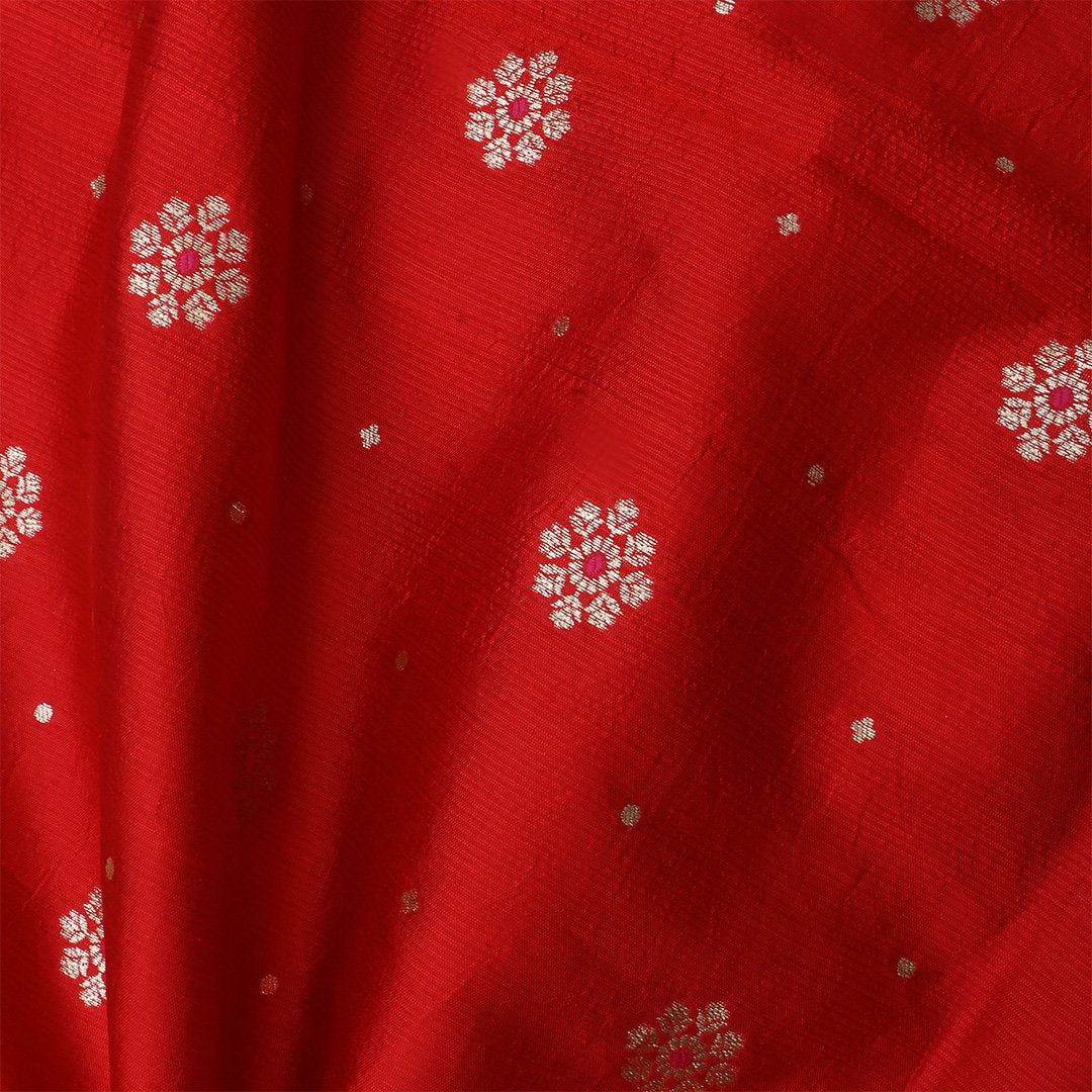 Cornell Red Jamawar Silk Fabric With Floral Butti'S