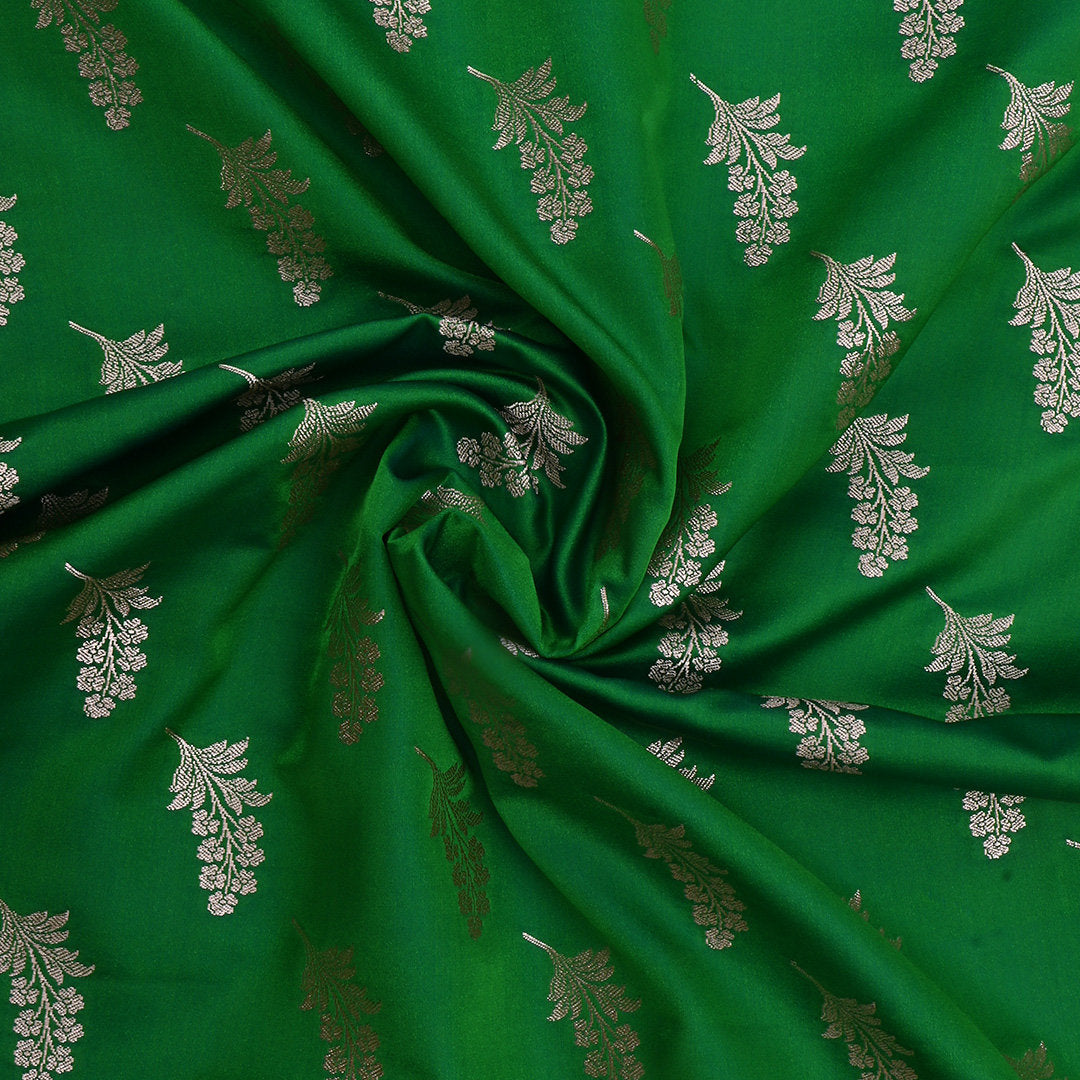 Spruce Green Jamawar Satin Fabric With Floral Butti'S