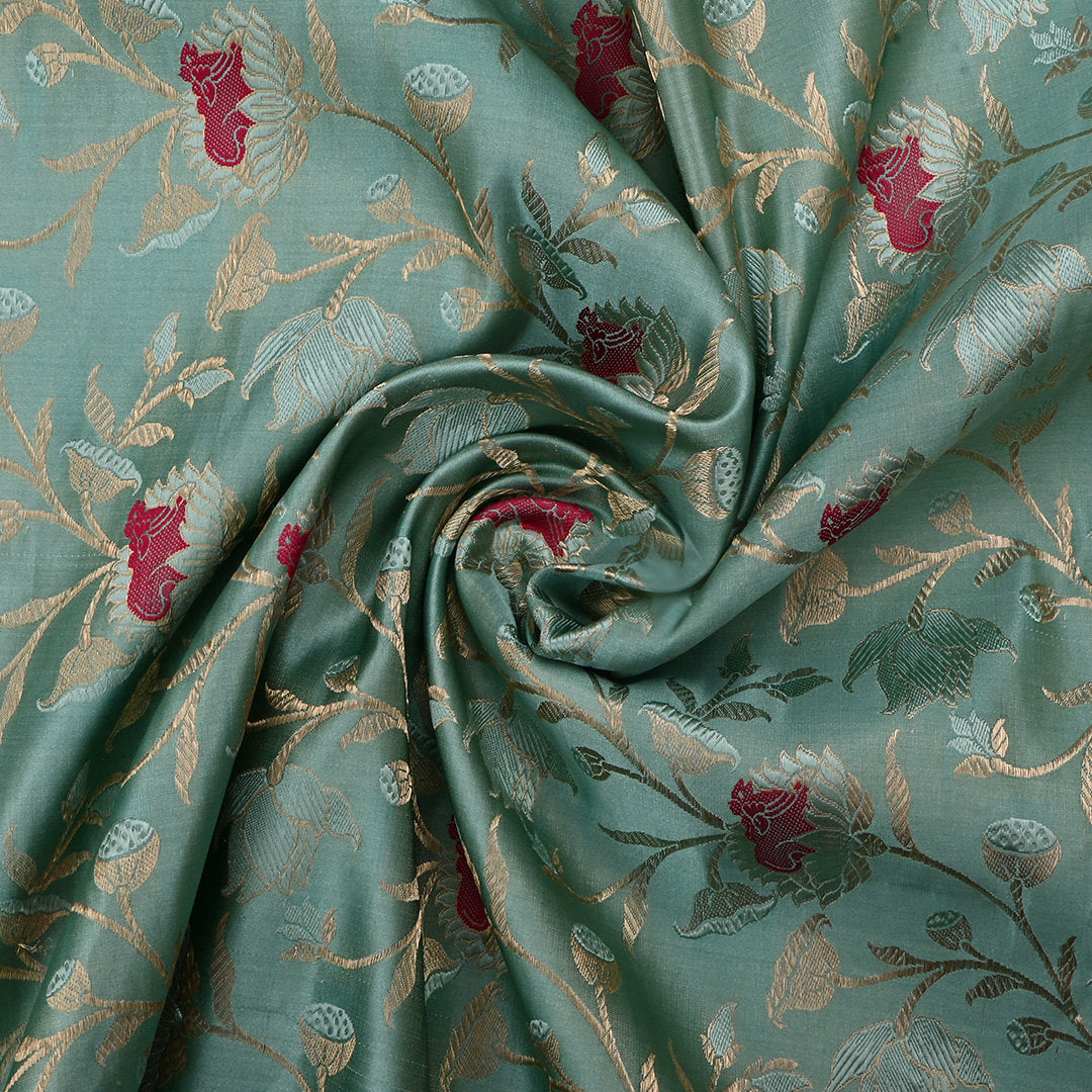 Greyish Teal Jamawar Satin Fabric With Floral Design