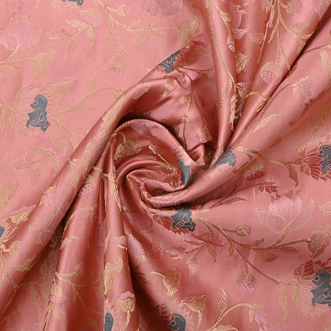 Ruddy Pink Jamawar Satin Fabric With Floral Jaal