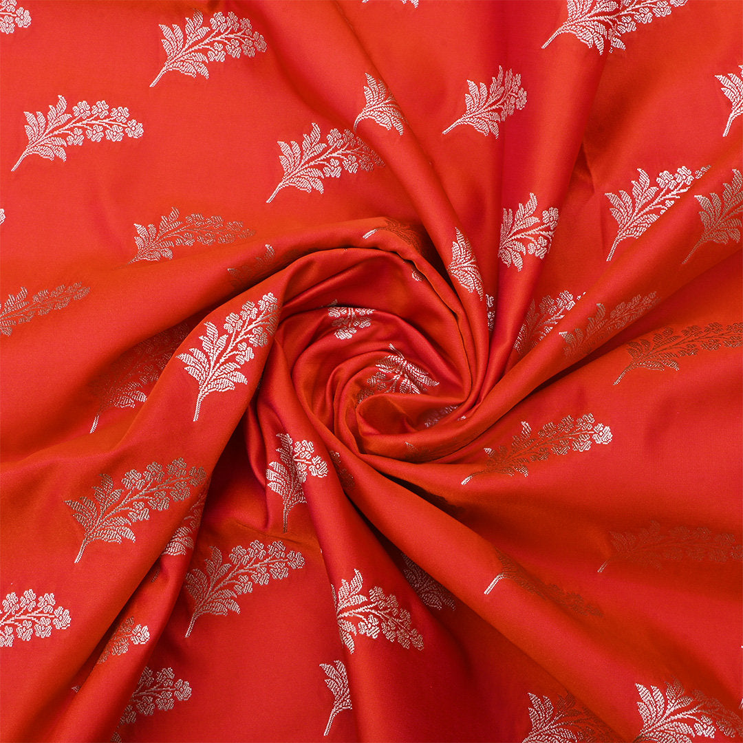 Deep Orange Jamawar Satin Fabric With Floral Butti'S