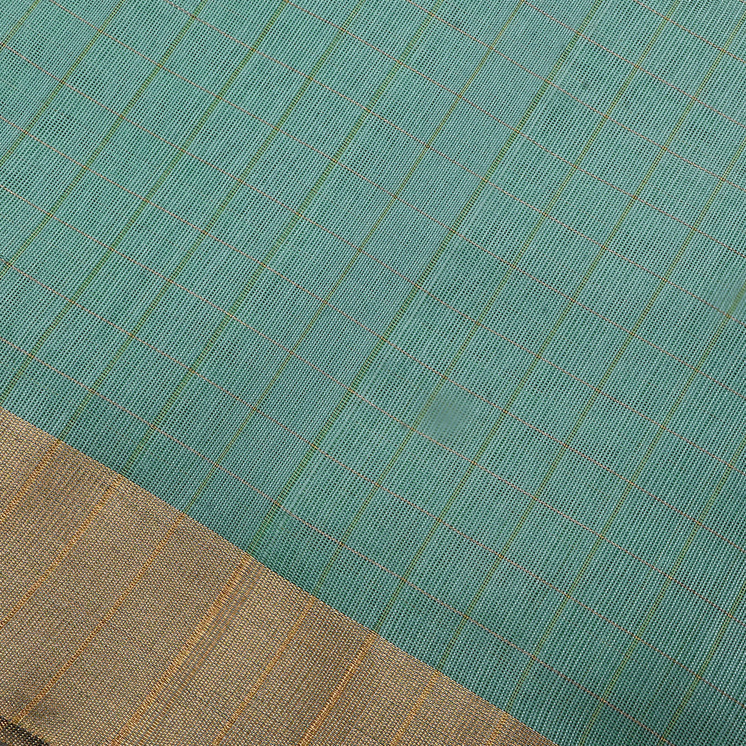 Dusty Teal Jamawar Silk Fabric With Checks Pattern