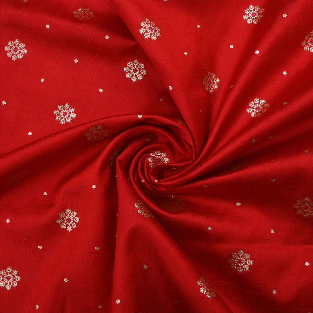 Cornell Red Jamawar Silk Fabric With Floral Butti'S