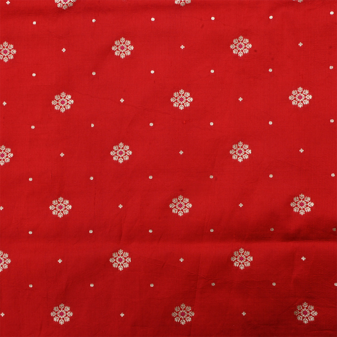Cornell Red Jamawar Silk Fabric With Floral Butti'S