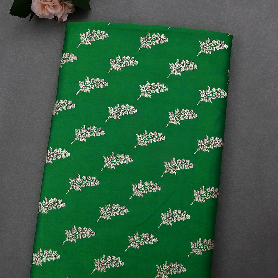 Spruce Green Jamawar Satin Fabric With Floral Butti'S