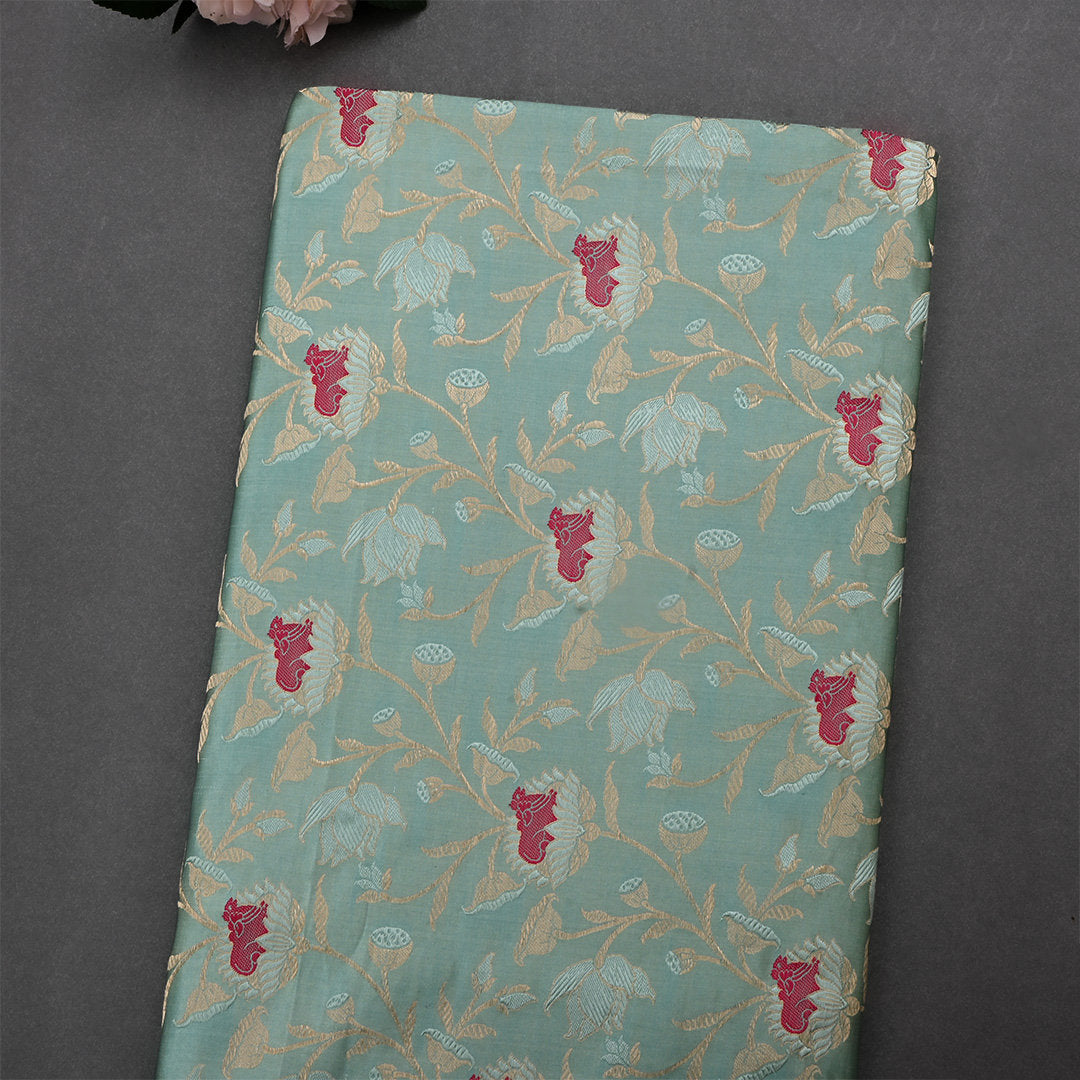 Greyish Teal Jamawar Satin Fabric With Floral Design