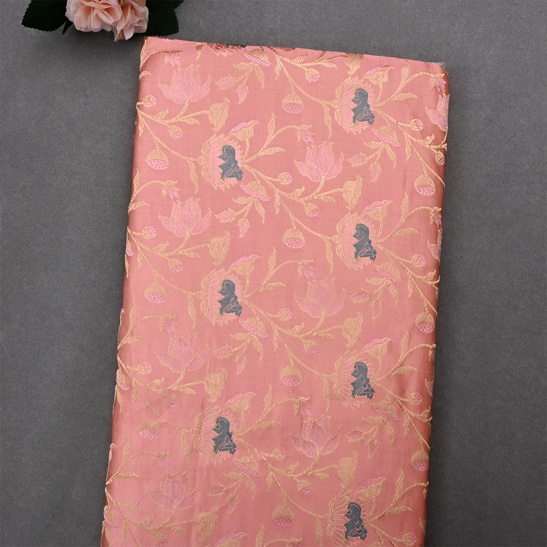 Ruddy Pink Jamawar Satin Fabric With Floral Jaal