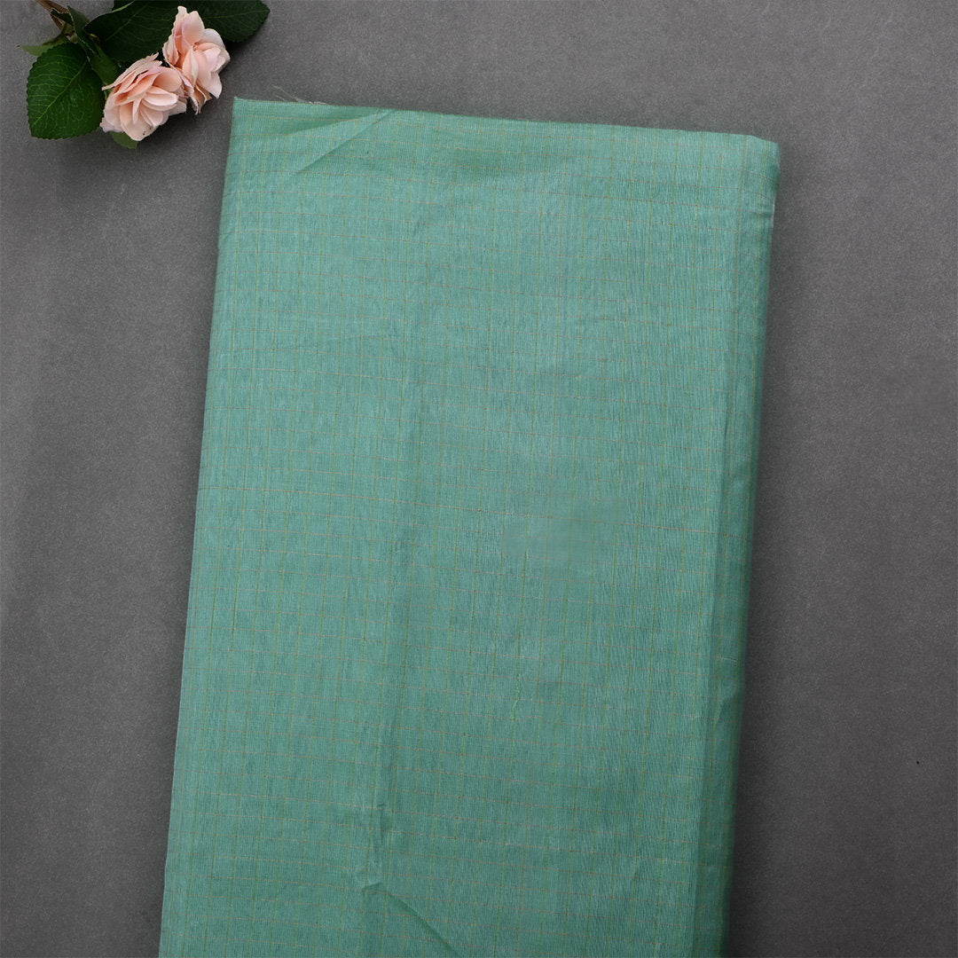 Dusty Teal Jamawar Silk Fabric With Checks Pattern