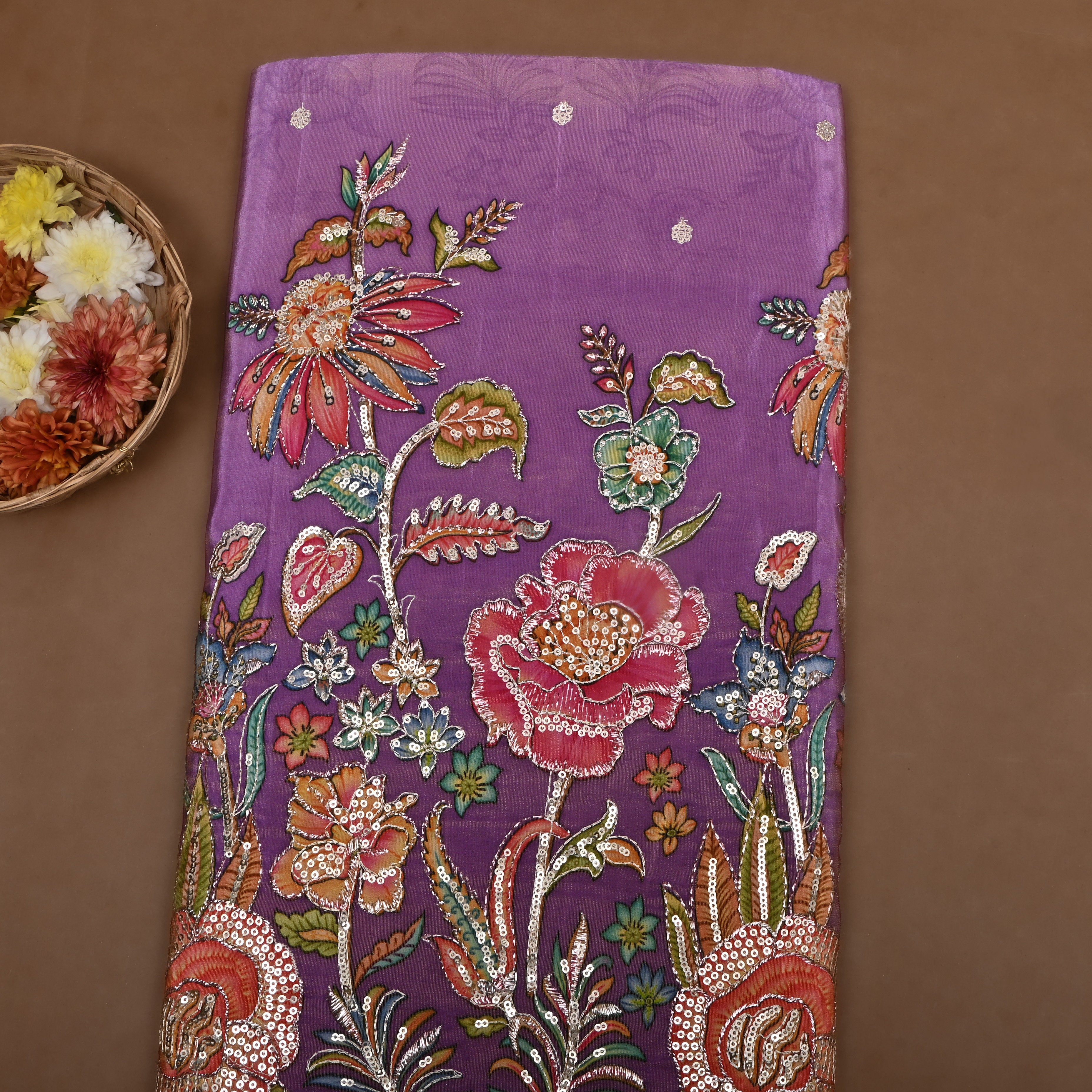 Mauve Purple Floral Printed Sequin Work Tissue Fabric