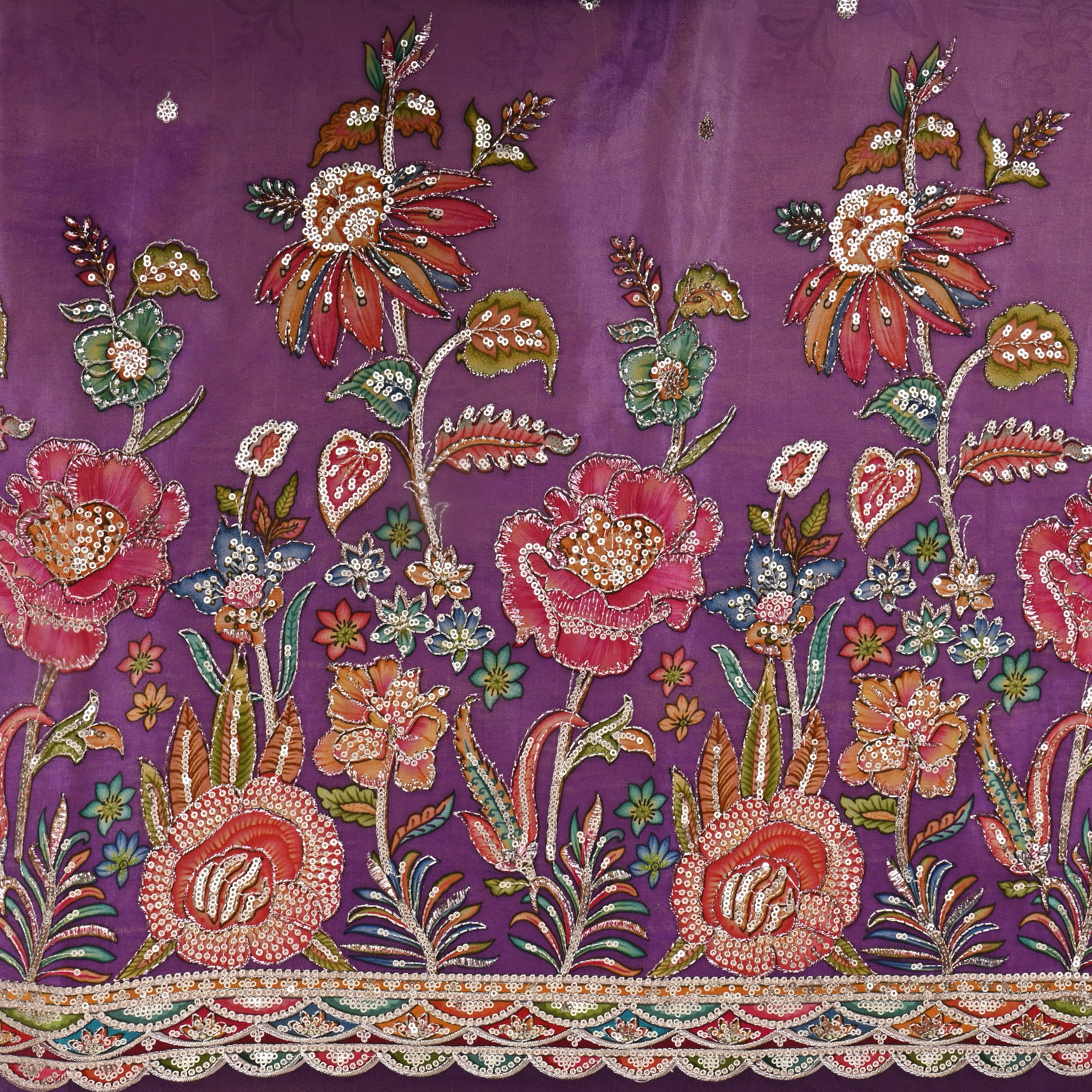 Mauve Purple Floral Printed Sequin Work Tissue Fabric