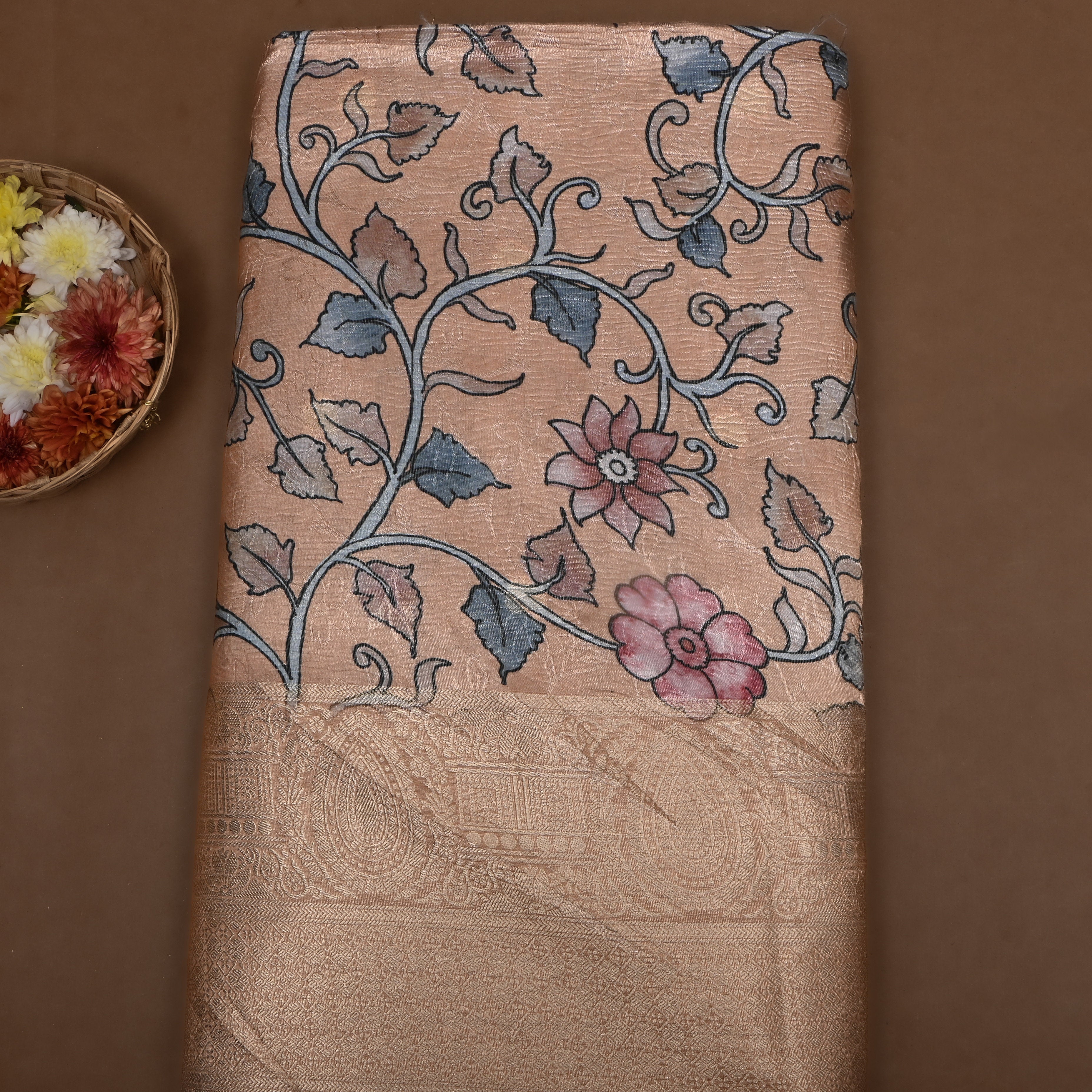 Dusty Peach Floral Printed Tissue Fabric
