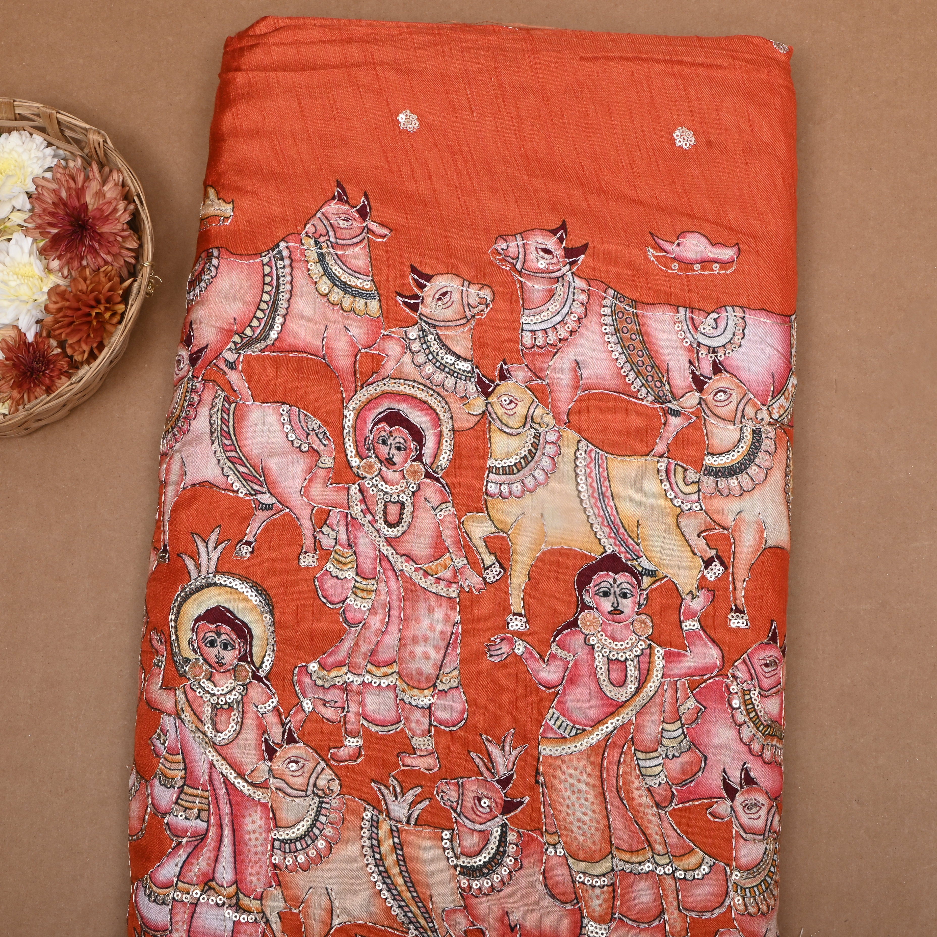 Reddish Orange Pichwai Printed Tissue Fabric