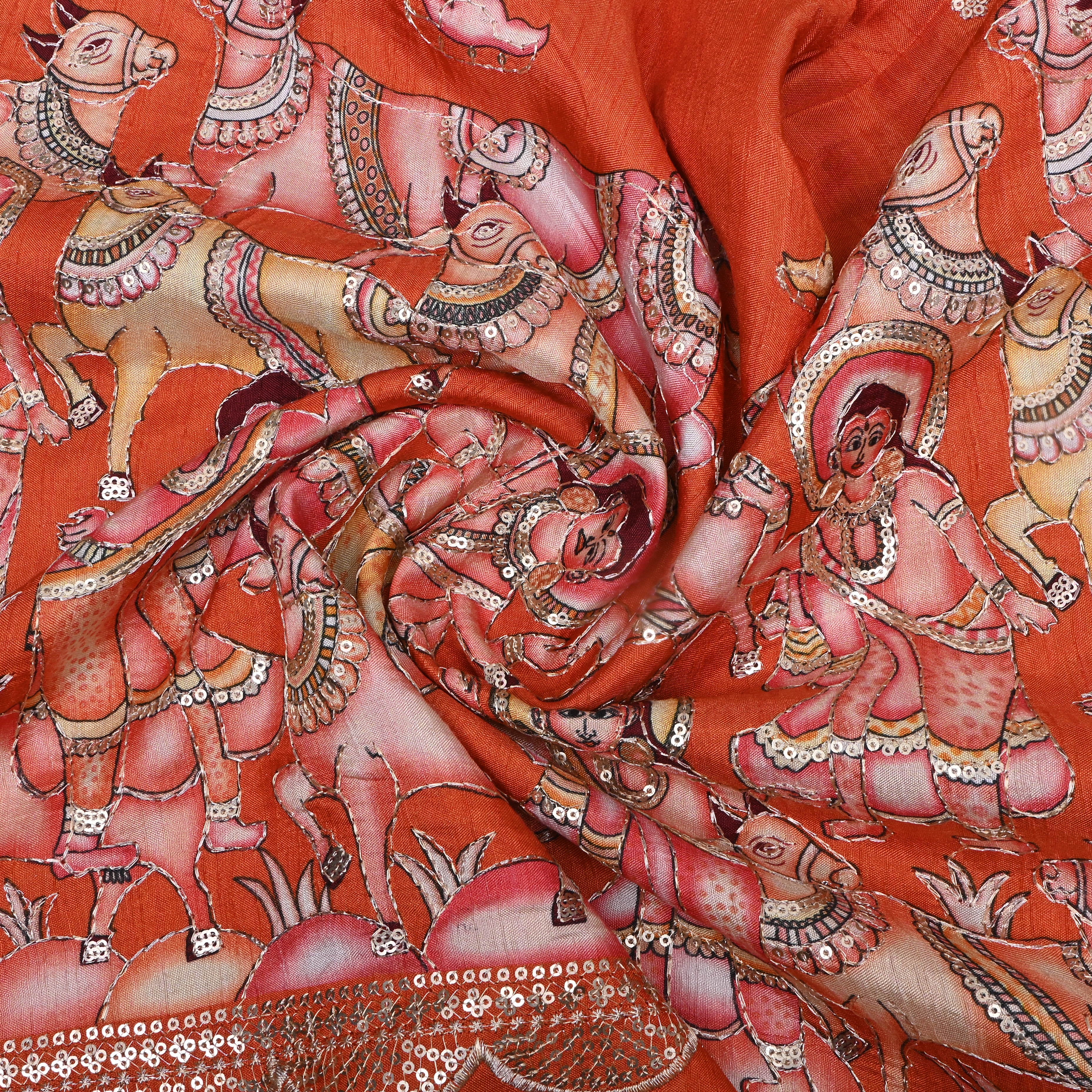 Reddish Orange Pichwai Printed Tissue Fabric