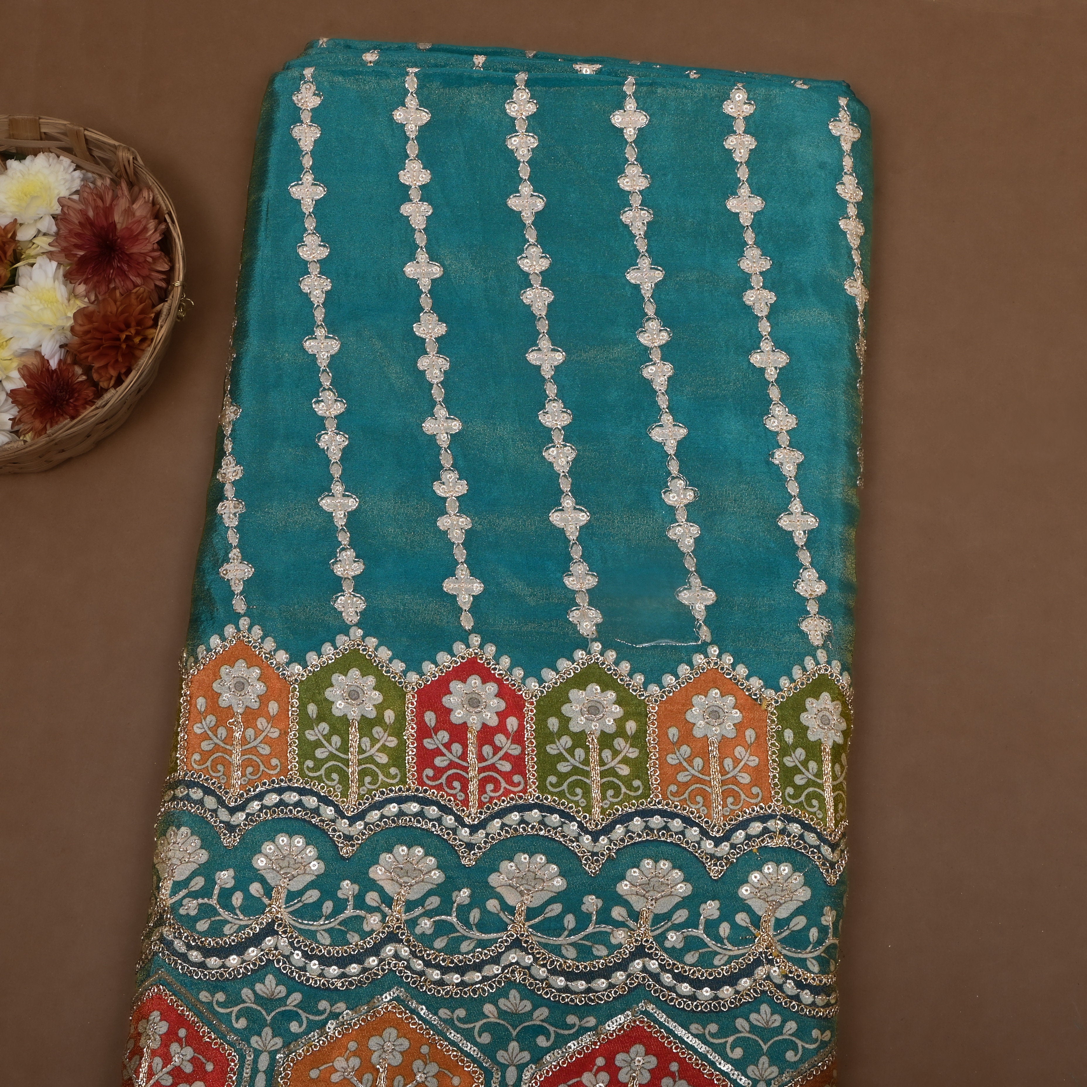 Teal Blue Floral Printed And Embroidered Tissue Fabric