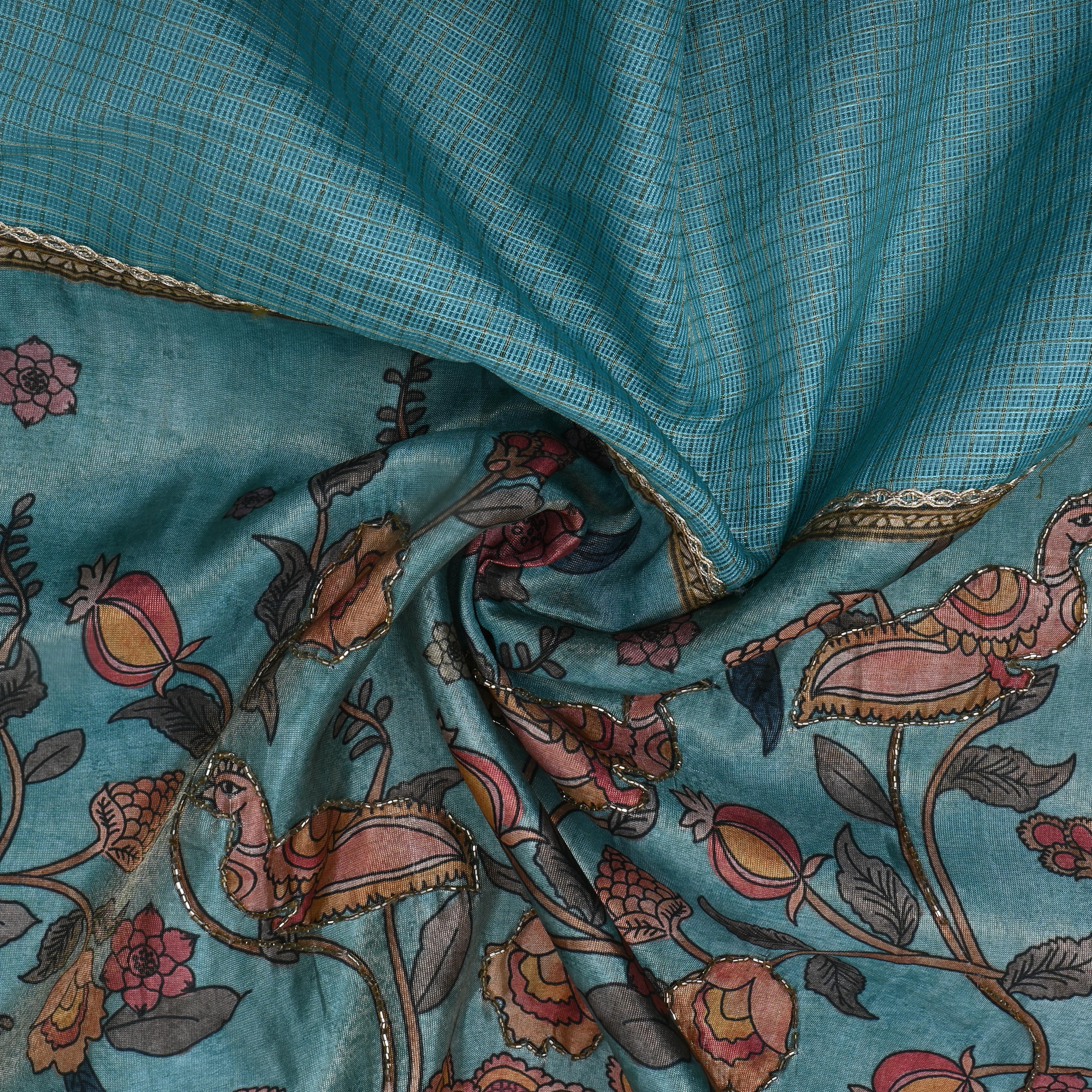 Turquoise Floral Printed Kota Fabric
