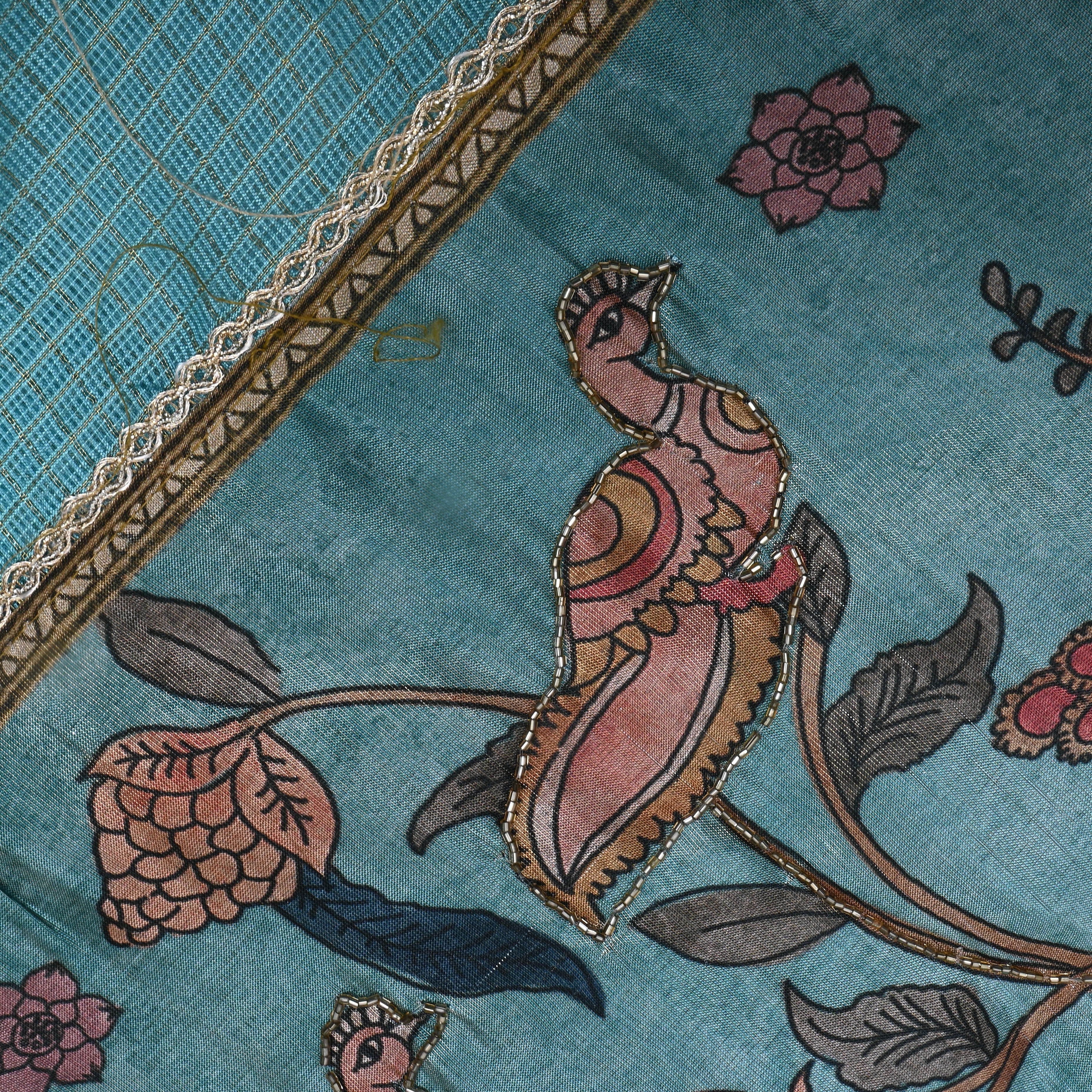 Turquoise Floral Printed Kota Fabric